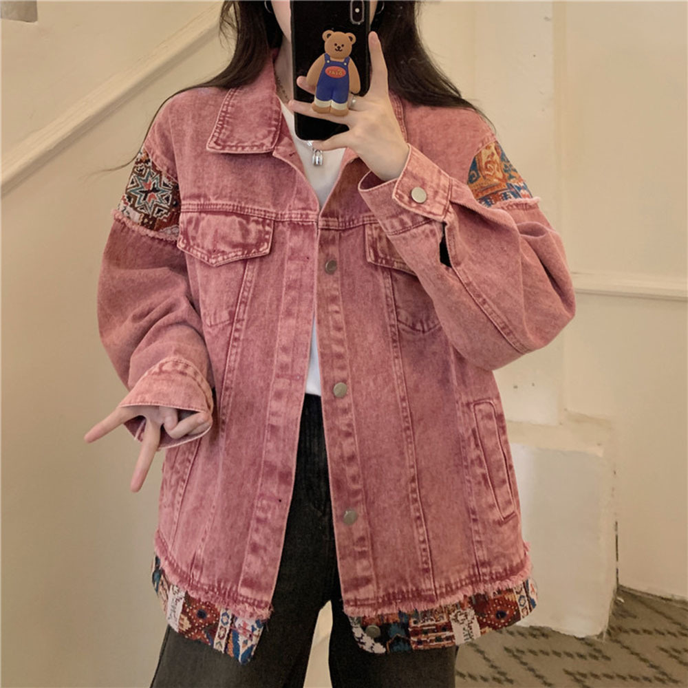Women Fashion Jeans Top - Fashion Pink Long Sleeve Denim Coat
