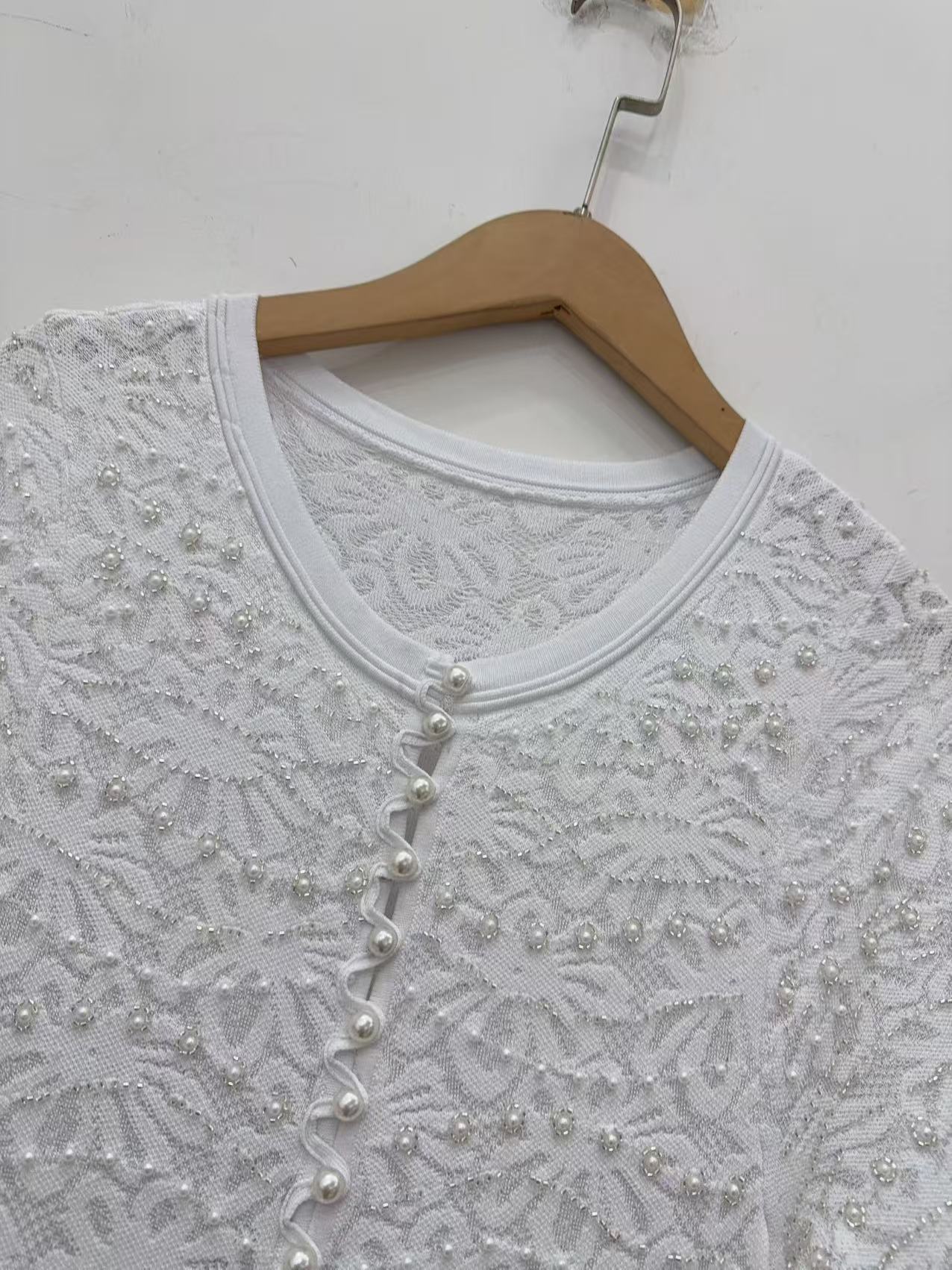 Longline Cardigan Knit - Spring/Summer Women Hollow Beaded Lace Solid