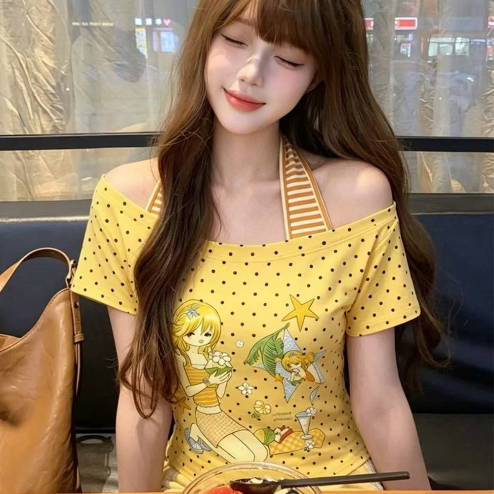 Off Shoulder Top - Sweet Women's T-Shirt with Polka Dot