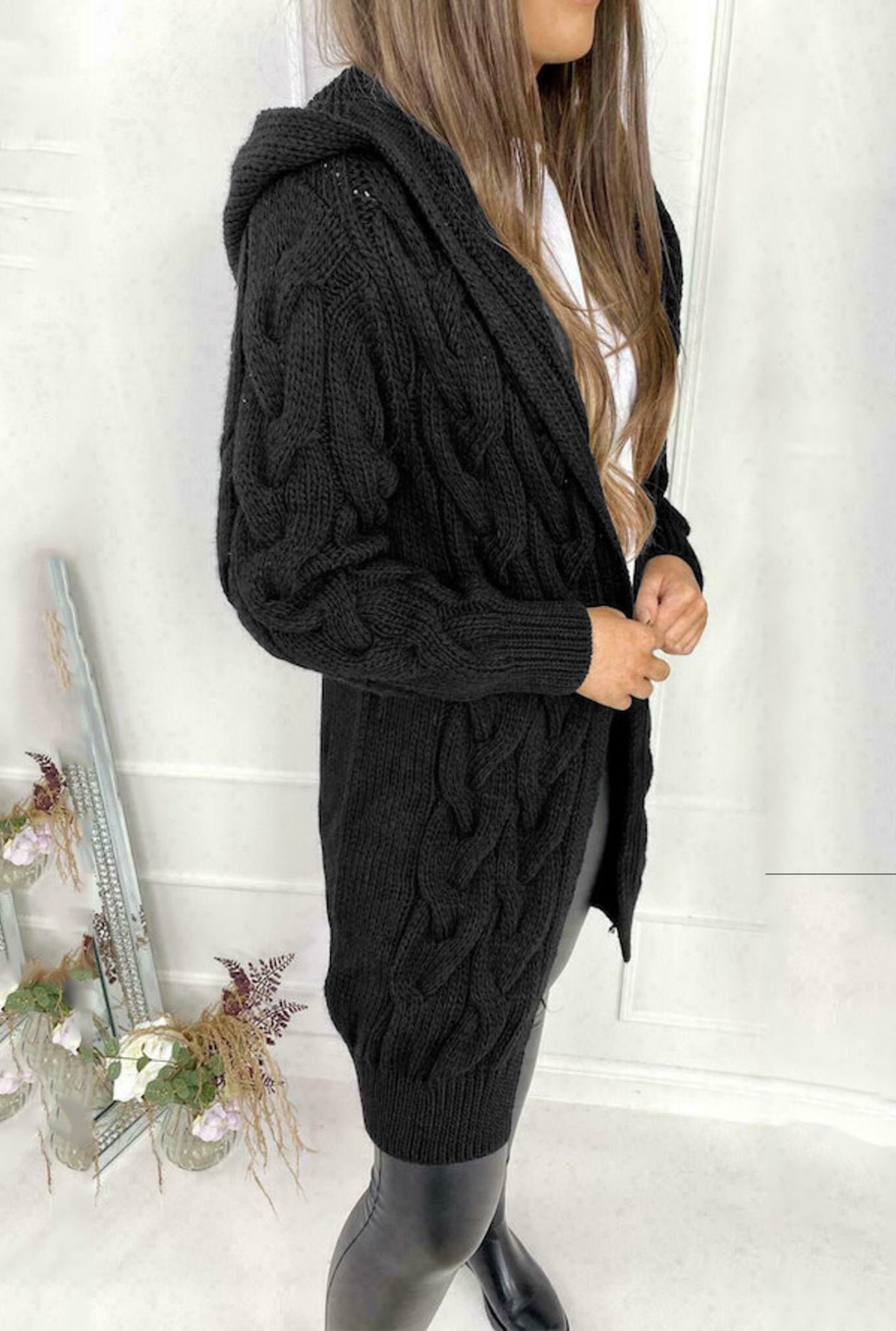 Longline Cardigan Knit - Women's Black Oversized Cable Knit Hooded