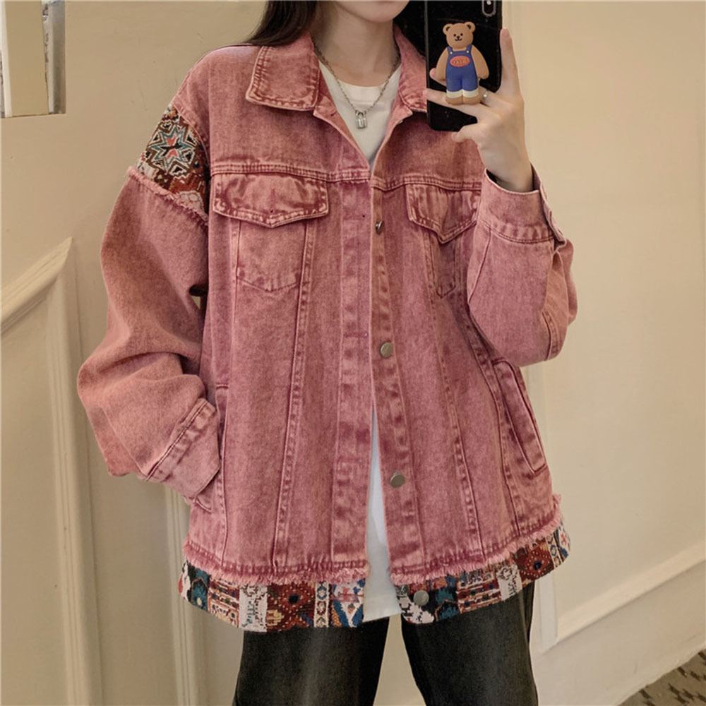 Fashion Pink Long Sleeve Denim - Women Fashion Jeans Top ulasan dan harga