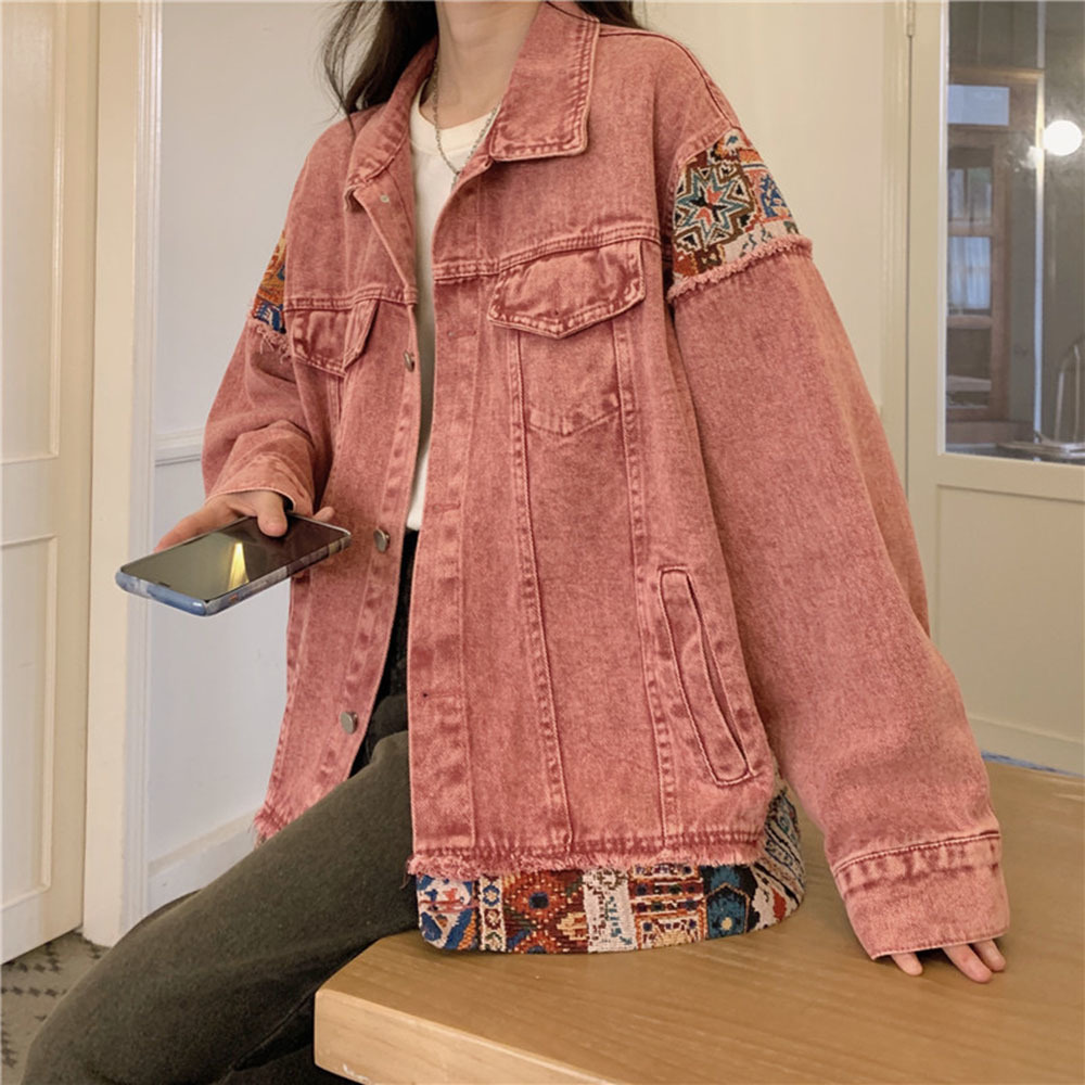 Fashion Pink Long Sleeve Denim - Women Fashion Jeans Top ulasan dan harga