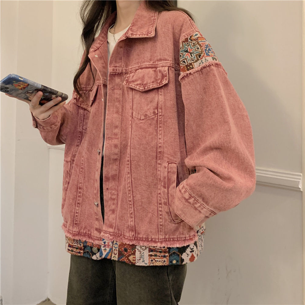 Fashion Pink Long Sleeve Denim - Women Fashion Jeans Top ulasan dan harga