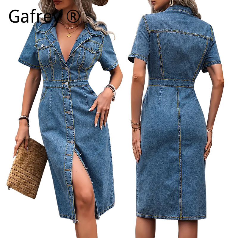 Plus Size Women Lapel Denim Dr - Women Fashion Jeans ulasan dan harga