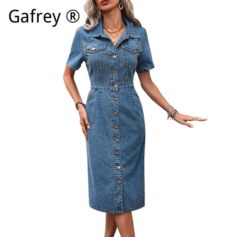 Plus Size Women Lapel Denim Dr - Women Fashion Jeans ulasan dan harga
