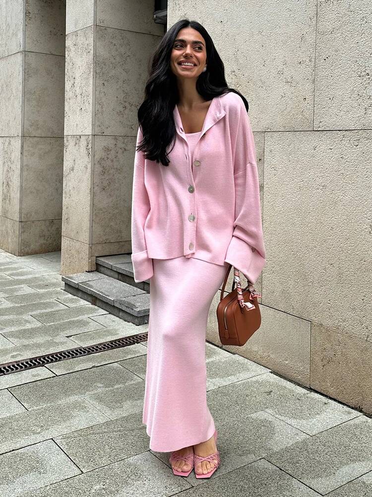 Fashion Pink 3 Piece Set Women - Longline Cardigan Knit ulasan dan harga
