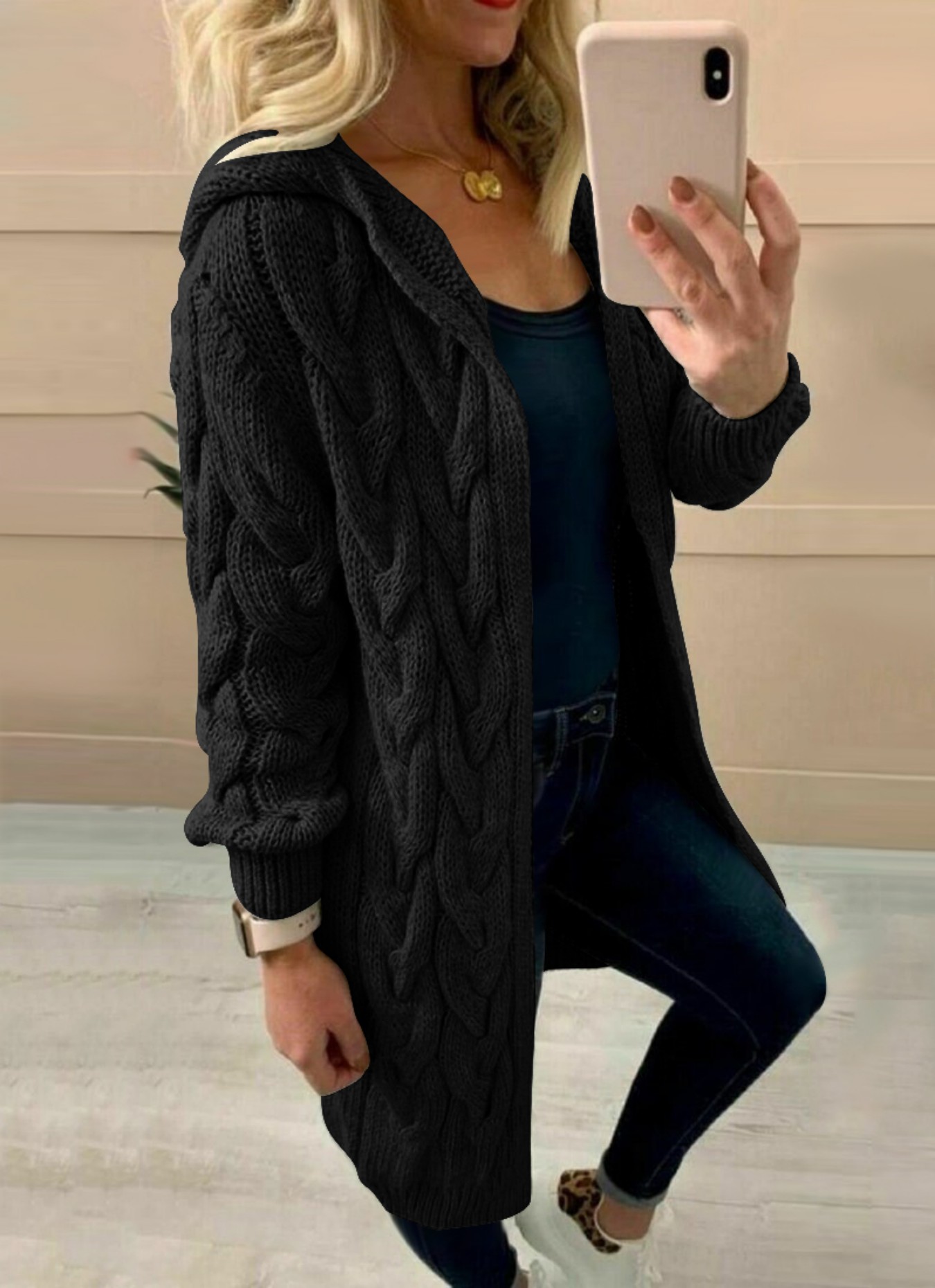 Women's Black Oversized Cable  - Longline Cardigan Knit ulasan dan harga