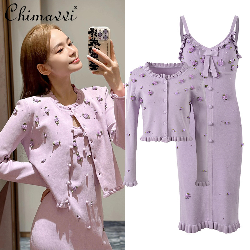 French 3D Flower Hot Diamond F - Longline Cardigan Knit ulasan dan harga